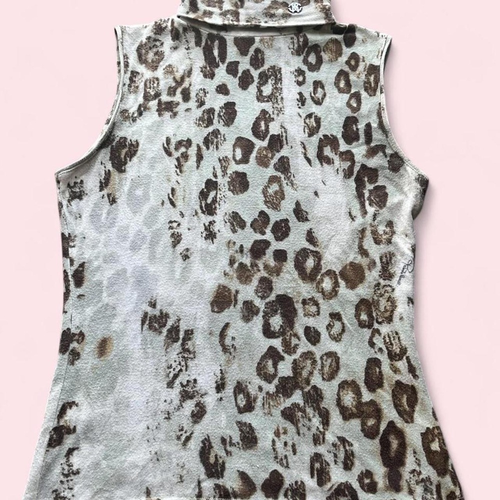 Vintage Roberto Cavalli Leopard Print Sleeveless Turtleneck Top Grey White L